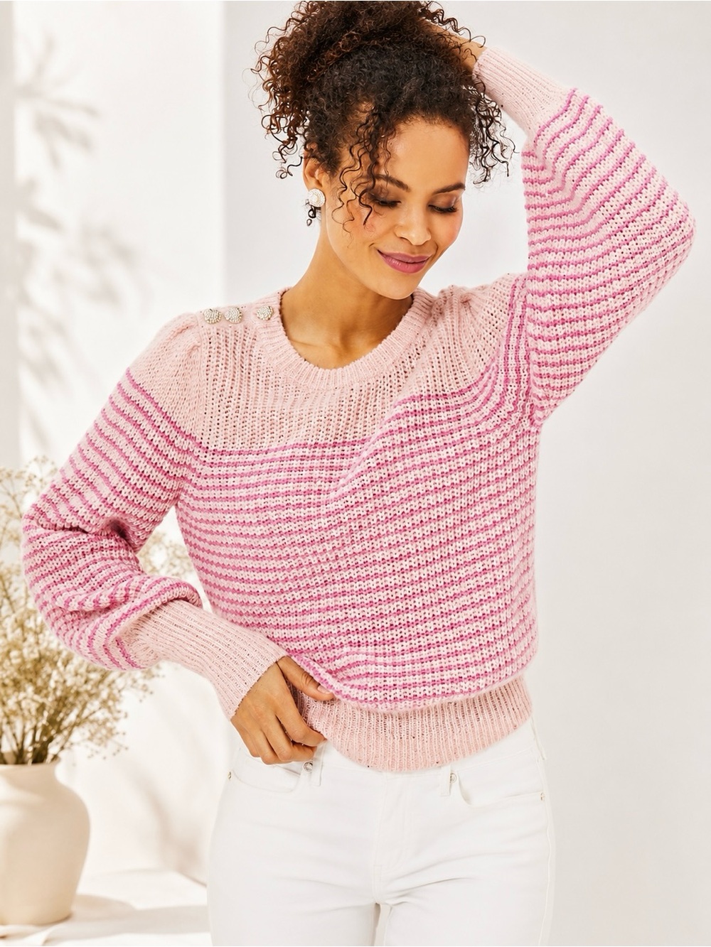 Lilly Pulitzer Finney Sweater Sparkle Stripe Novelty Buttons Peon Pink